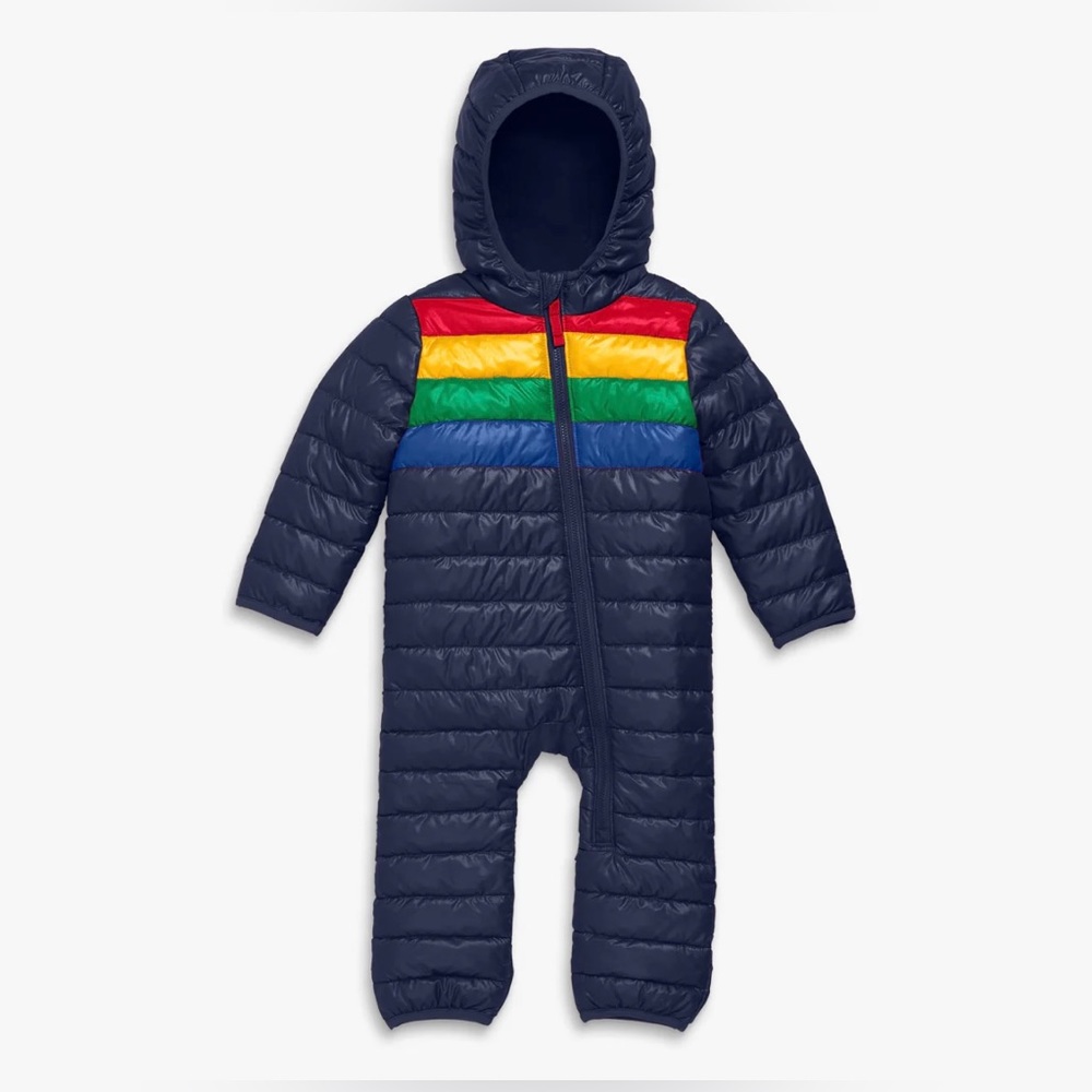 New Baby puffer suit in rainbow stripe